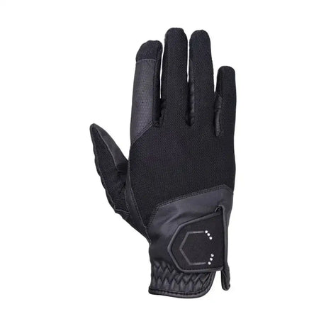Back view of black coldstream next generation blakelaw diamante kids riding gloves with textured fabric and hexagonal logo patch for close contact fit