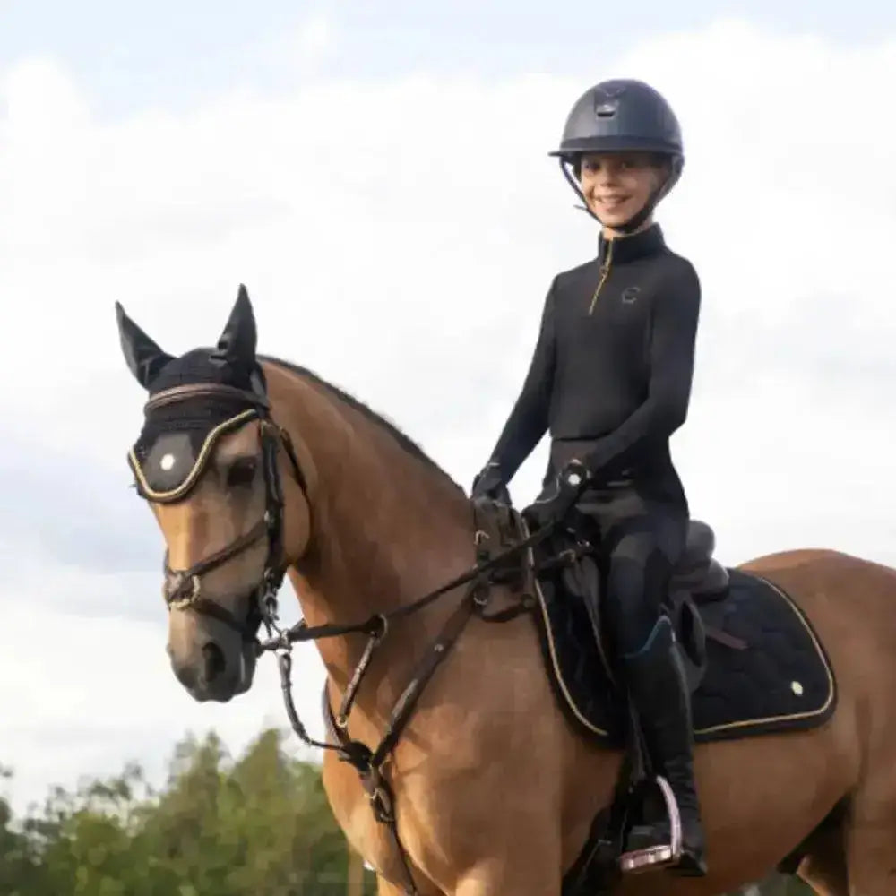 Black coldstream next generation ednam base equestrian helmet with small logo made from recycled plastic
