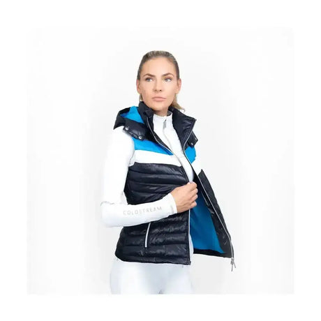Black and blue coldstream southdean quilted gilet with bright blue hood lining and quilted puffer design