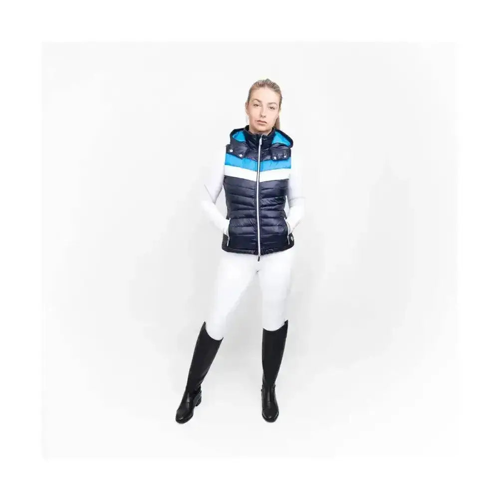 Navy blue and turquoise striped puffer vest with hood coldstream southdean quilted gilet navy white blue