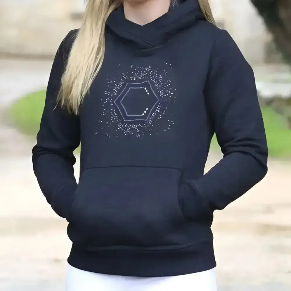 Black hooded sweatshirt with white hexagonal sparkling rhinestone design on chest coldstream swanlaws diamante hoodie navy