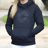 Black hooded sweatshirt with white hexagonal sparkling rhinestone design on chest coldstream swanlaws diamante hoodie navy