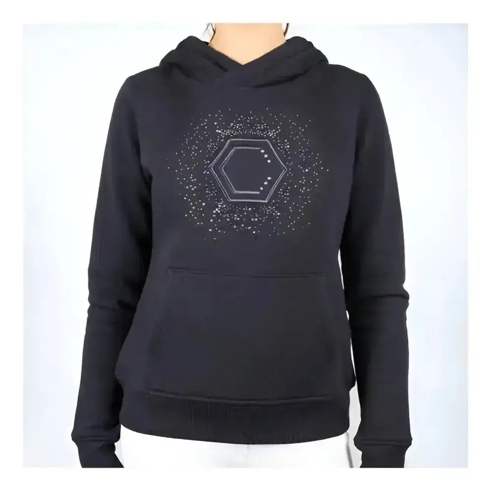 Black hooded sweatshirt in navy with sparkling hexagonal design on chest coldstream swanlaws diamante hoodie