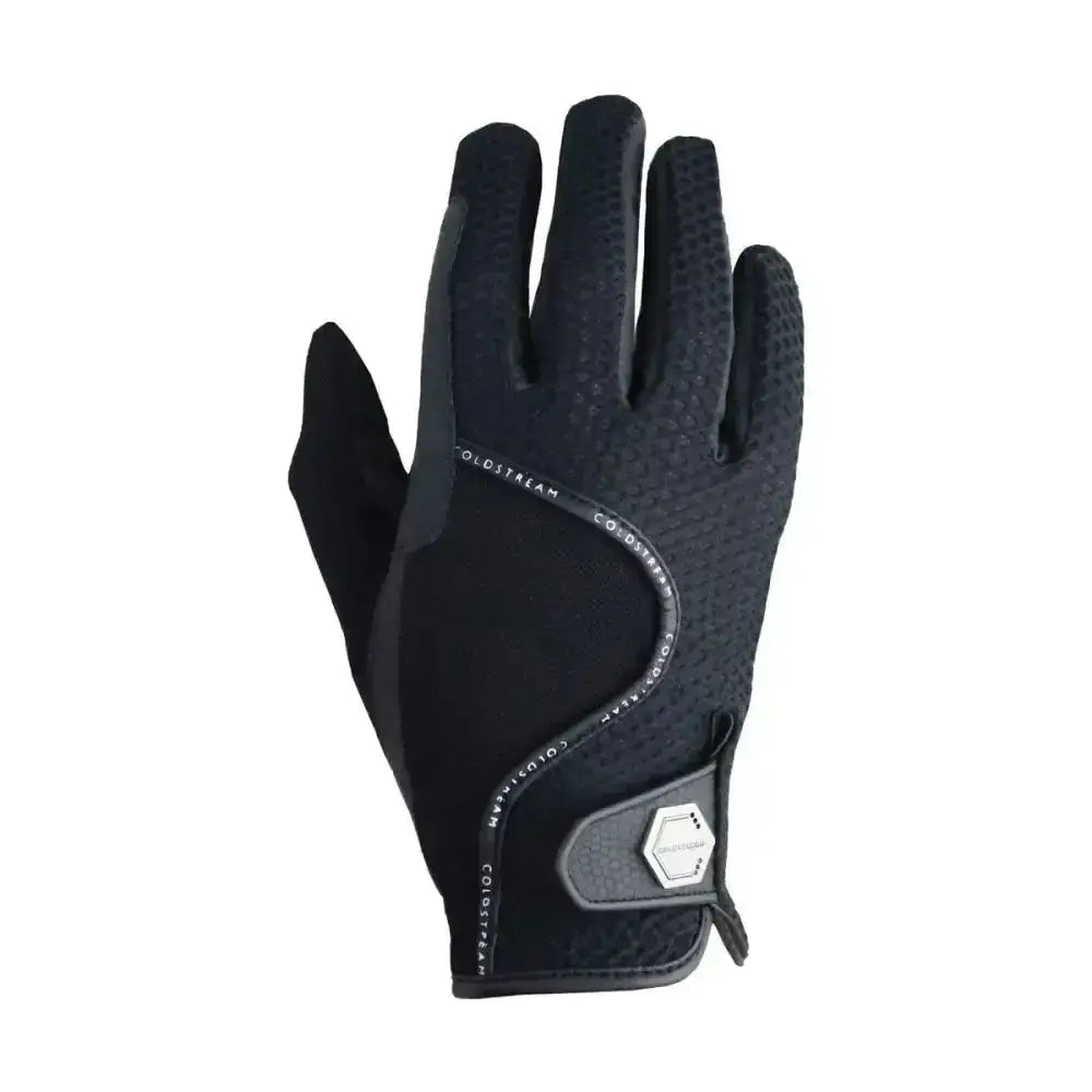 Black coldstream swinton combi mesh summer riding gloves with textured grip and sleek wrist strap shown from palm side