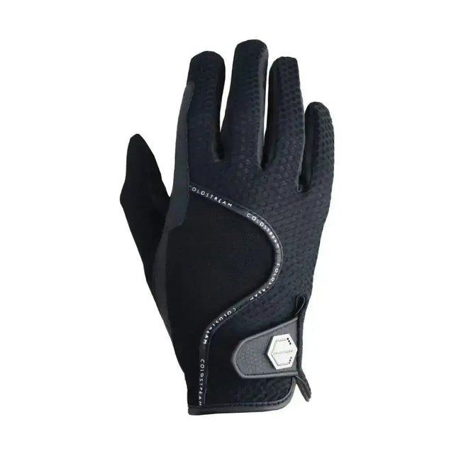 Black coldstream swinton combi mesh summer riding gloves with textured grip and sleek wrist strap shown from palm side