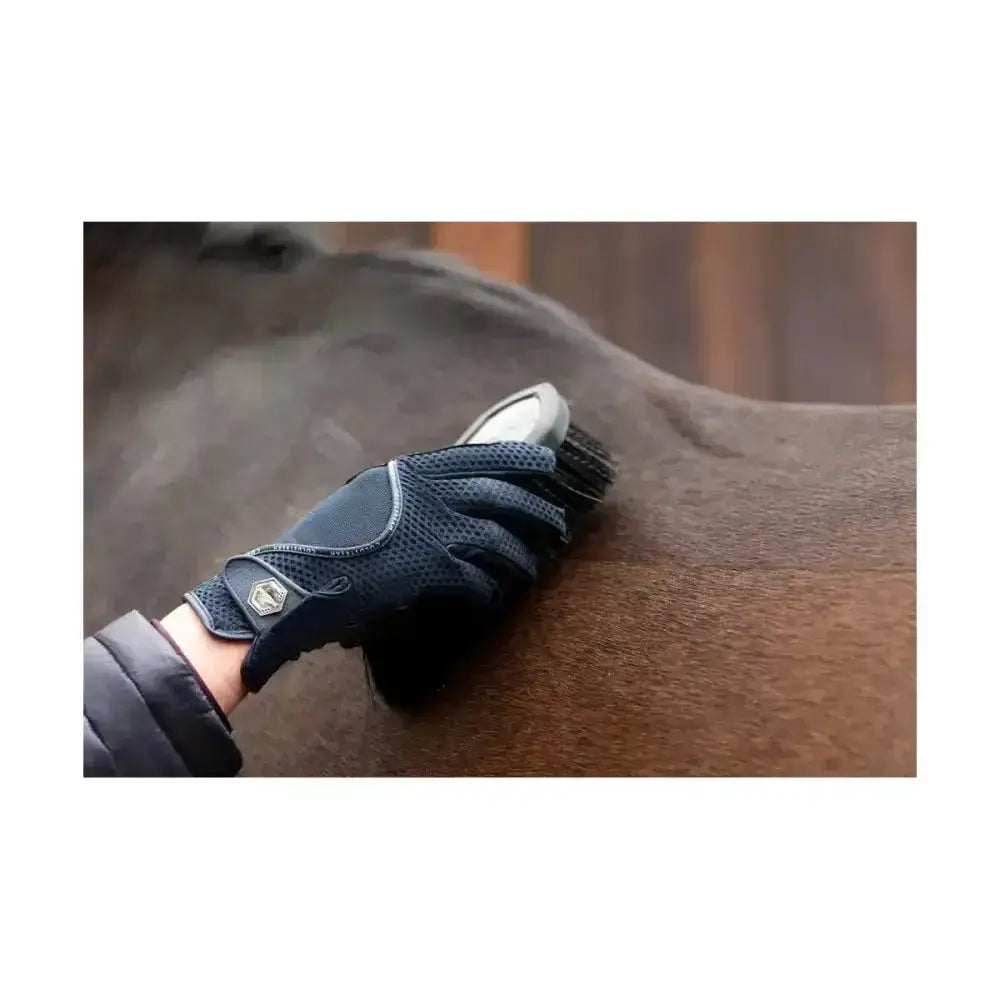 Black mesh summer riding glove with silver buckle and hexagonal logo in coldstream swinton combi style