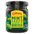 Colemans mint sauce in a dark glass jar with a yellow and green leaf label perfect for adding fresh flavor