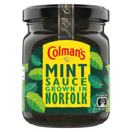 Colemans mint sauce in a dark glass jar with a yellow and green leaf label perfect for adding fresh colemans mint flavor
