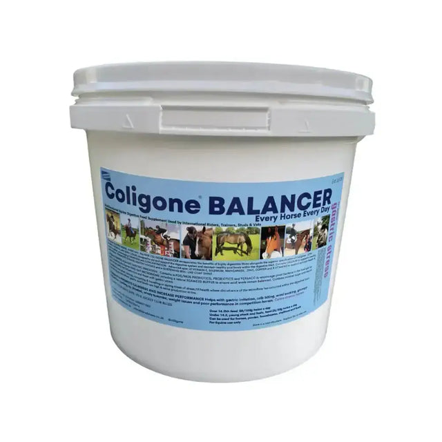 White plastic bucket with blue label of coligone balancer powder featuring horses and highly digestible fibres text