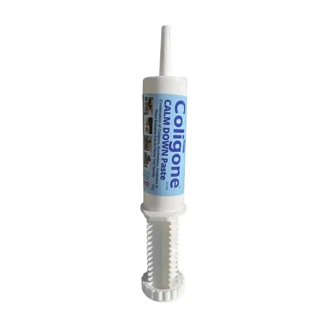 White plastic tube of coligone calm down paste with naturally sourced calming ingredients for dogs digestive tract