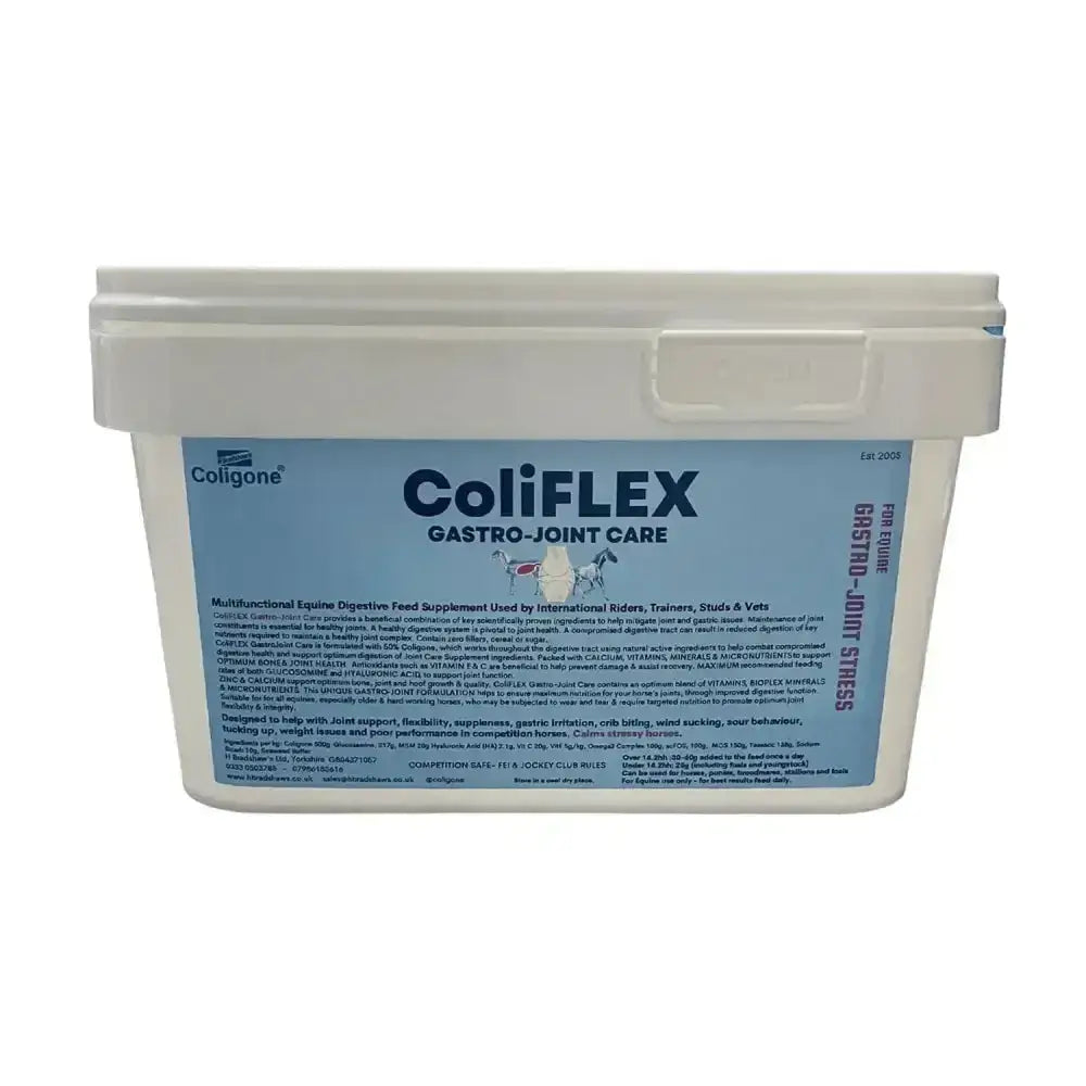 White plastic container with blue label featuring coligone coliflex and scientifically proven ingredients to mitigate joint pain
