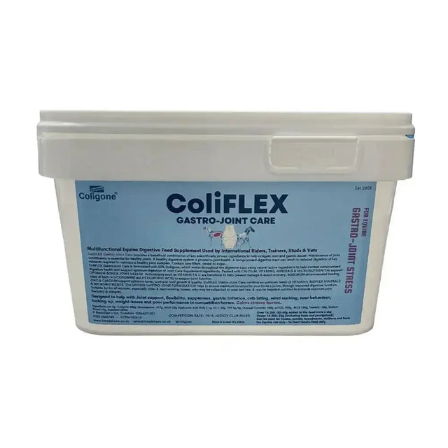 White plastic container with blue label featuring coligone coliflex and scientifically proven ingredients to mitigate joint pain