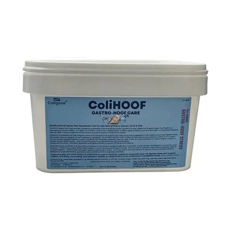 White plastic container with blue label for coligone colihoof promoting improved digestive function and healthy horse hooves
