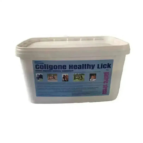 White plastic container of coligone healthy lick with blue label to maintain healthy acid levels in animals and people