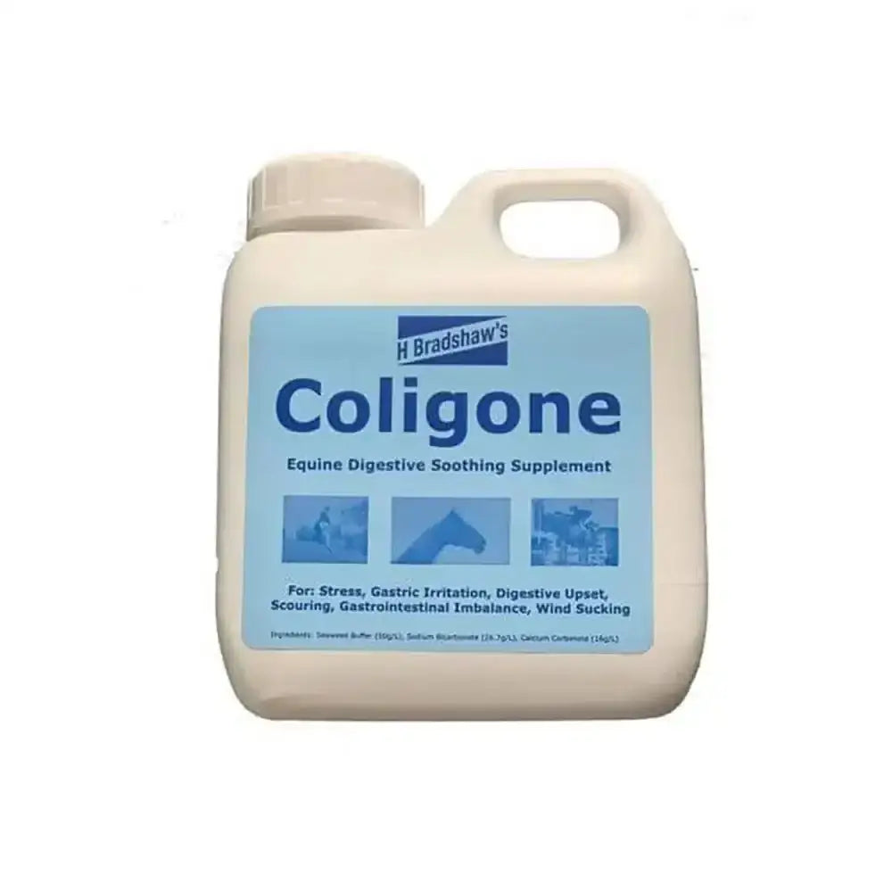 White plastic jug of h bradshaws coligone liquid digestive soother to maintain healthy acid levels for horses