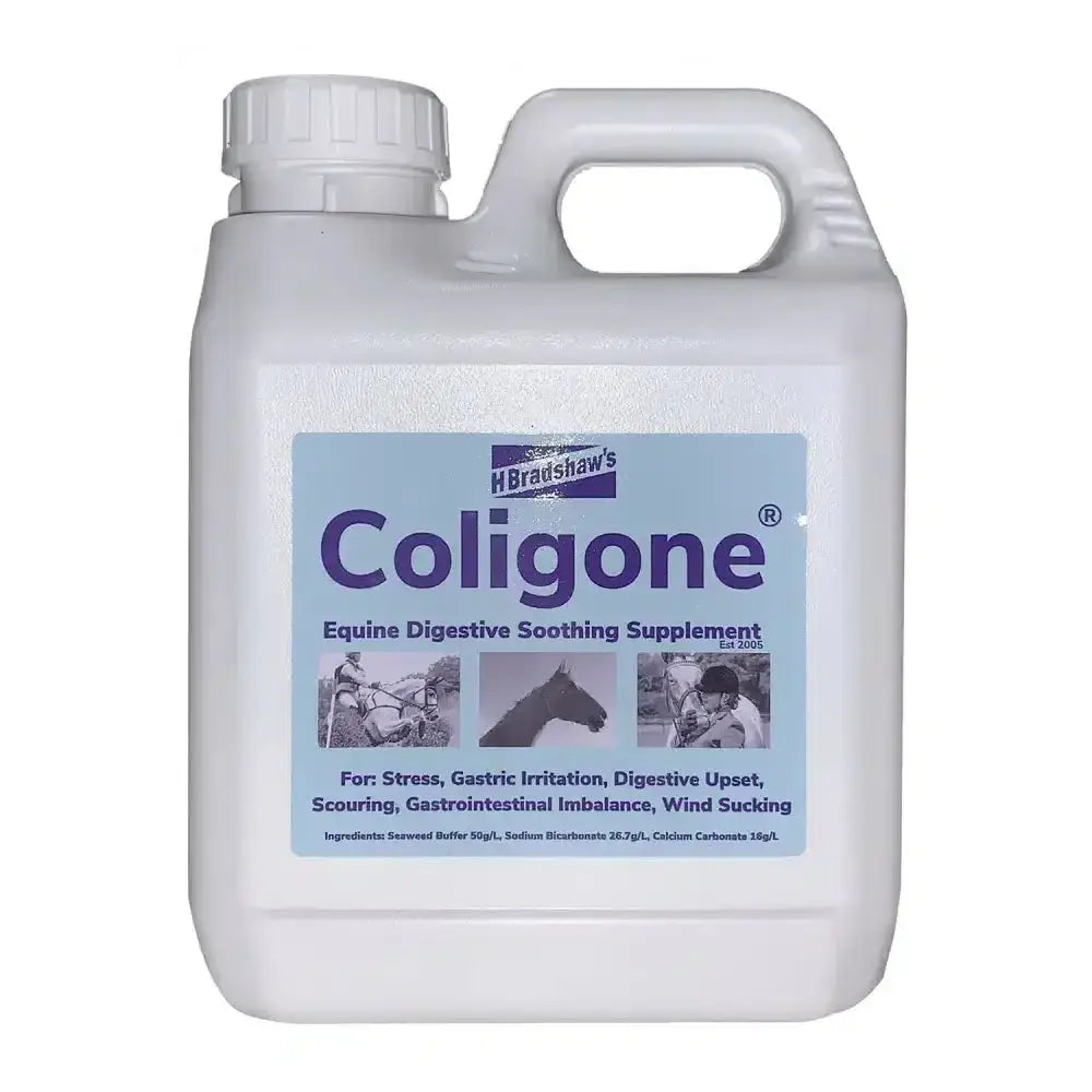 White plastic jug with handle and screw cap labeled coligone equine digestive soothing supplement by hbradshaws for digestive soother and maintain healthy acid levels