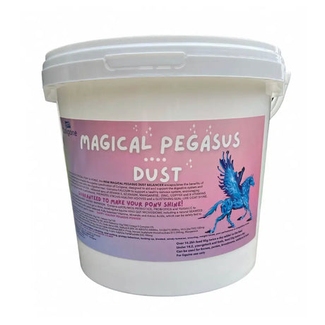 A white plastic bucket of coligone magical pegasus dust with a pink label featuring a blue magical pegasus and highly digestible fibres