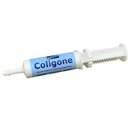 White plastic coligone oral syringe by h bradshaw designed as an equine digestive soother to maintain healthy acid levels