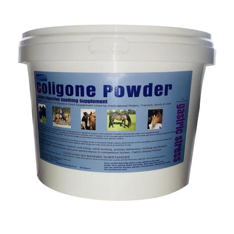 White plastic bucket of coligone powder supplementary powder assists healthy digestive tract for horses with blue purple text