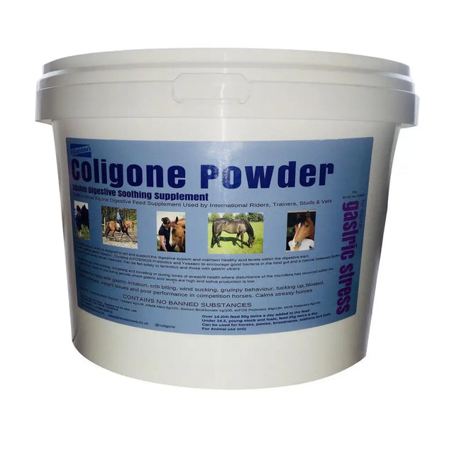White plastic bucket of coligone powder supplementary powder assists healthy digestive tract for horses with blue purple text