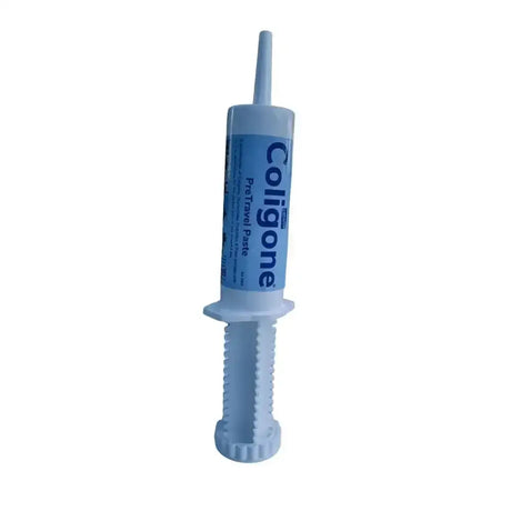 Light blue plastic syringe-style tube of coligone pretravel paste featuring built-in digestive soother for ultimate competitive edge