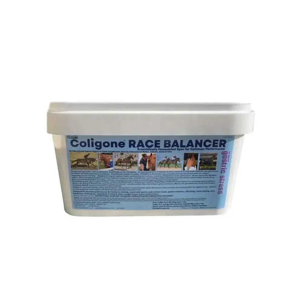White plastic container with blue label of coligone race balancer featuring horses and exceptional feed pellet formula