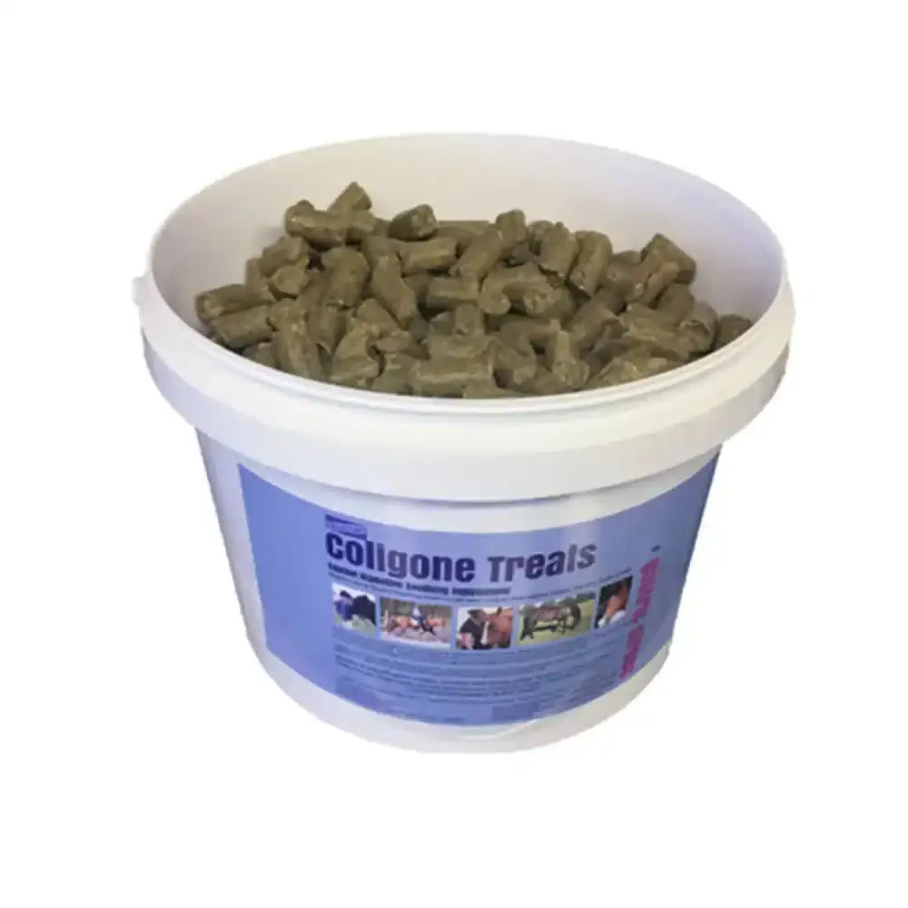 White plastic bucket filled with brown rectangular coligone treats for gastric acid irritation and high fibre support
