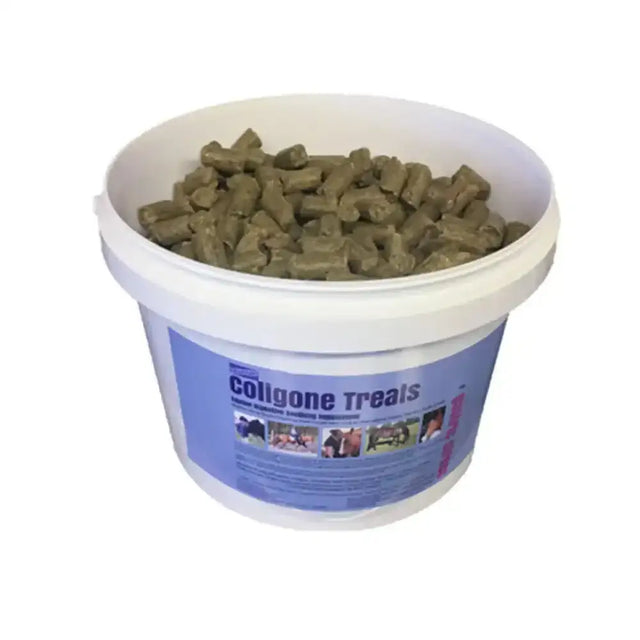 White plastic bucket filled with brown rectangular coligone treats for gastric acid irritation and high fibre support