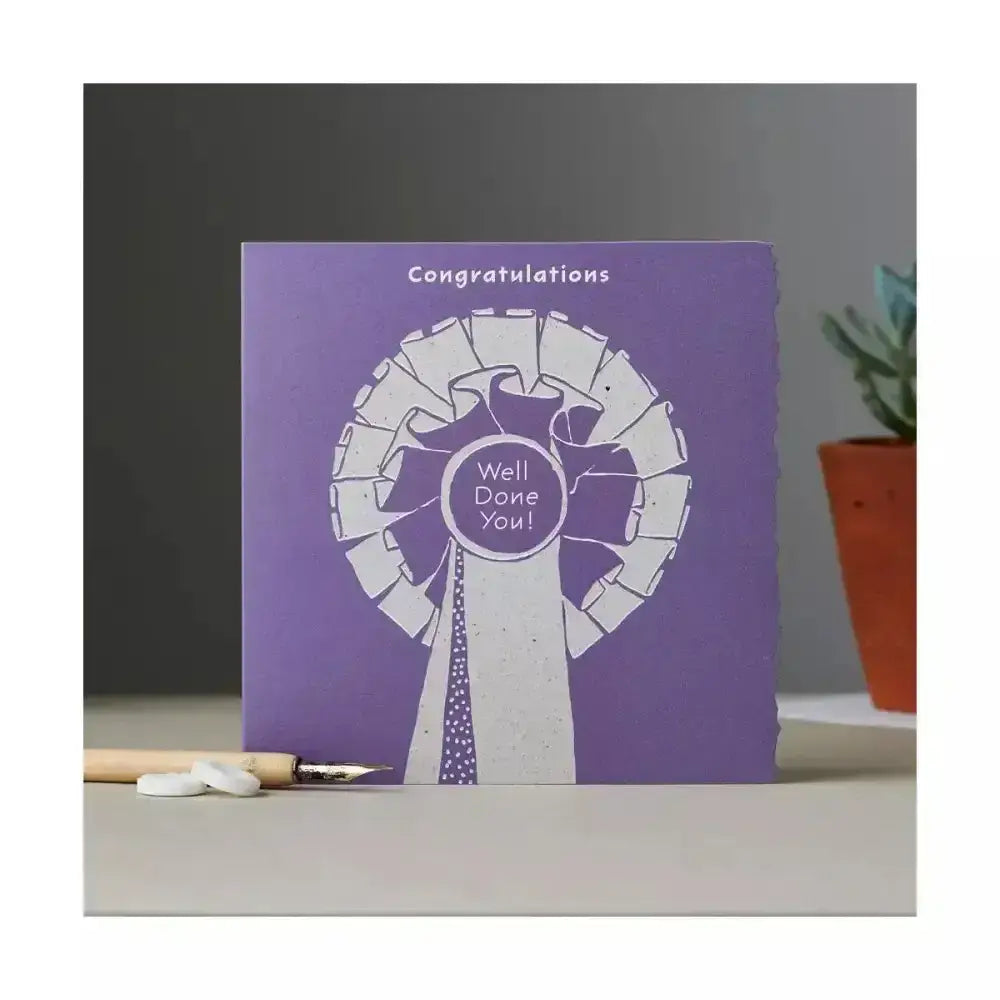 Purple colour block pony congratulations card with white ribbon rosette and well done you original watercolour design