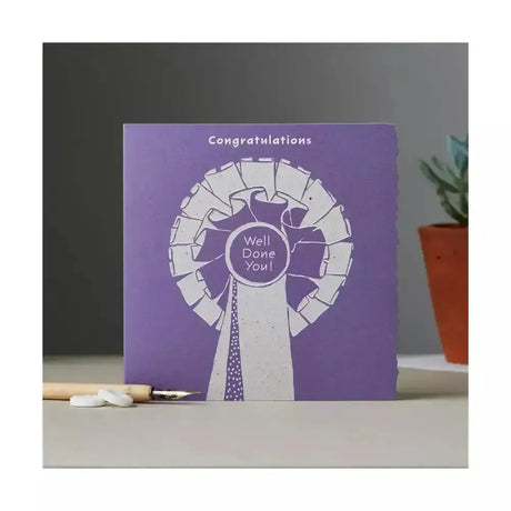 Purple colour block pony congratulations card with white ribbon rosette and well done you original watercolour design