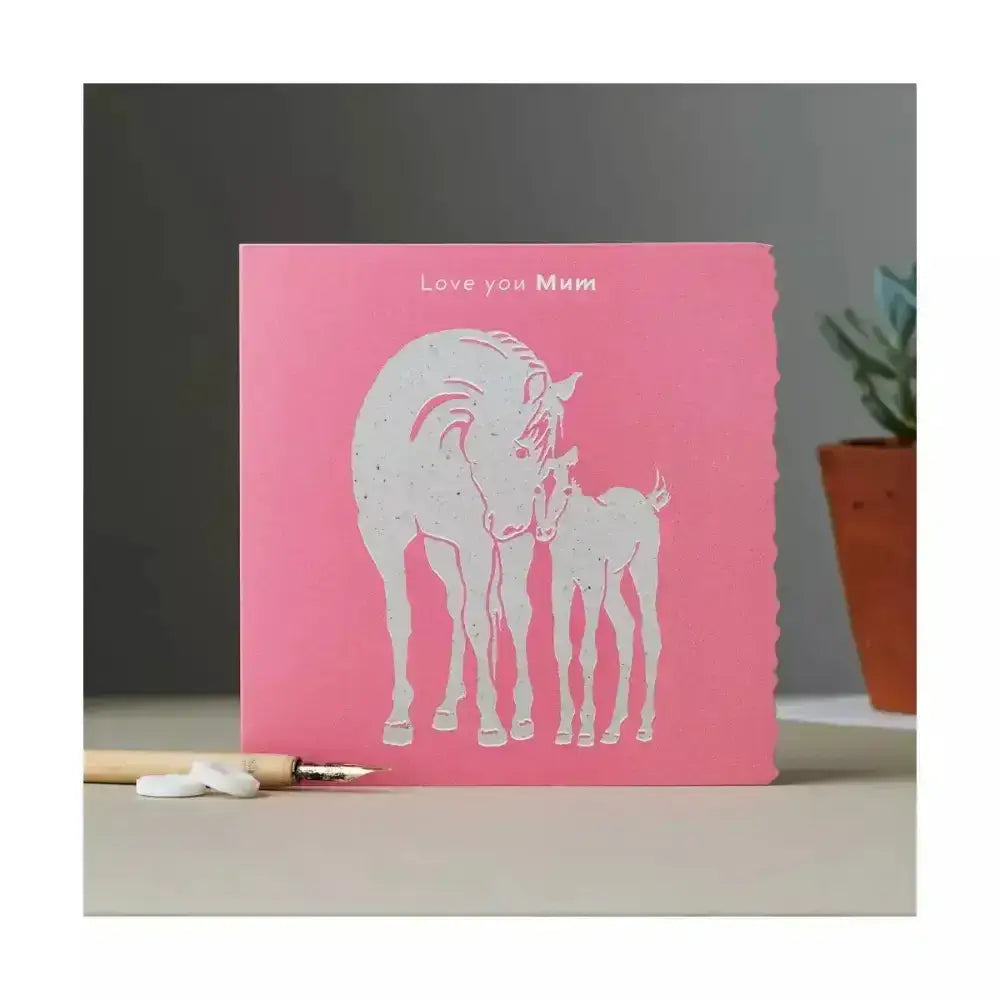 Pink colour block pony card with white laser-cut horse and foal silhouette and love you mum text on top