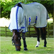 Light gray weatherbeeta comfitec airflow combo fly rug with blue trim and adjustable straps for durable protection