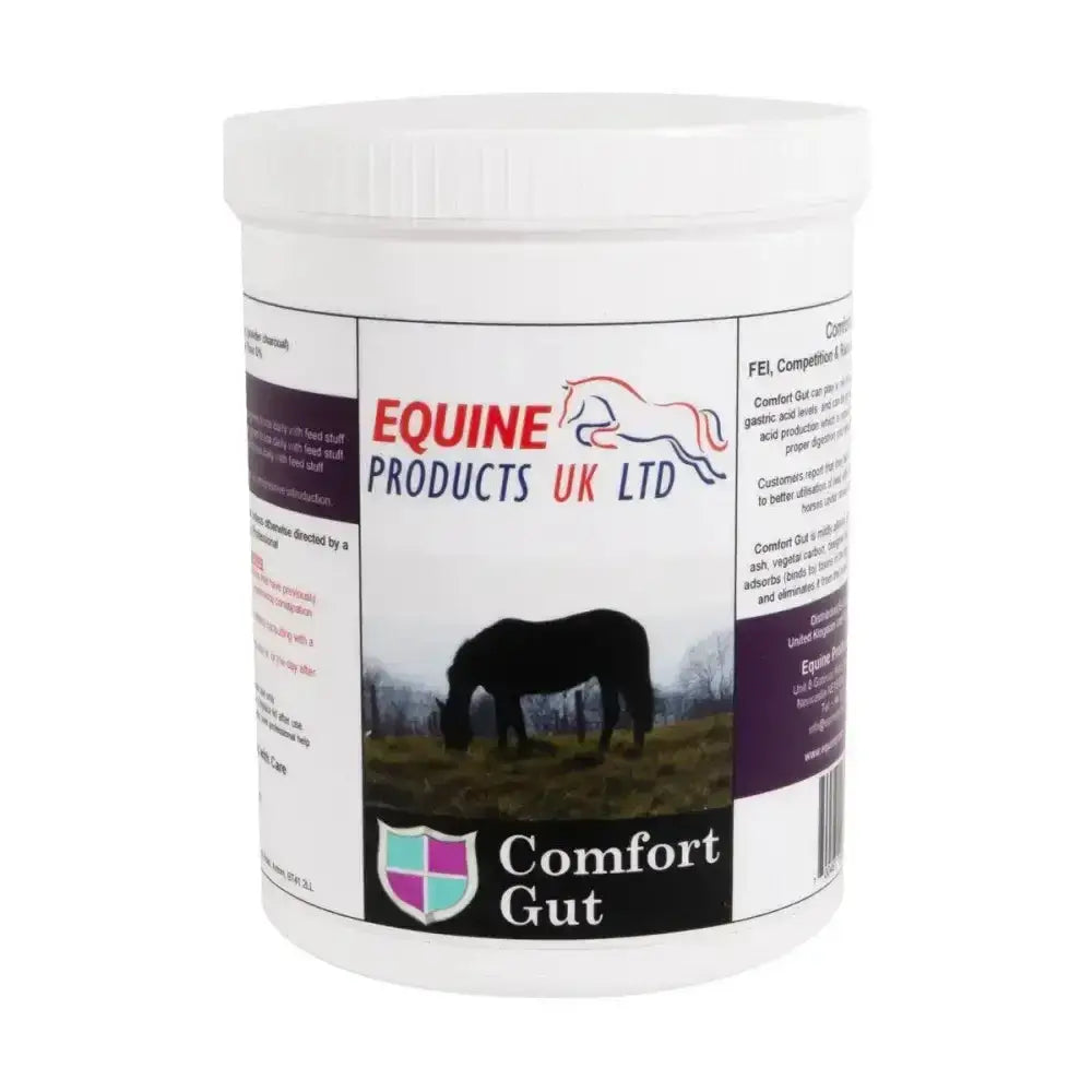 White plastic container of comfort gut by equine products uk ltd with medicinal grade activated charcoal from coconut shell