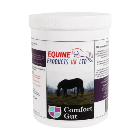 White plastic container of comfort gut by equine products uk ltd with medicinal grade activated charcoal from coconut shell