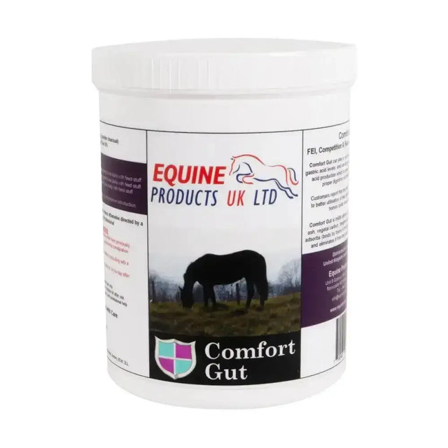White plastic container of comfort gut by equine products uk ltd with medicinal grade activated charcoal from coconut shell