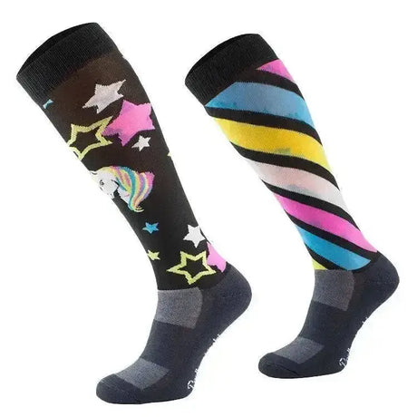 Comodo black unicorn odd socks featuring a black knee-high pair with a unicorn and colorful diagonal stripes for odd sock movement