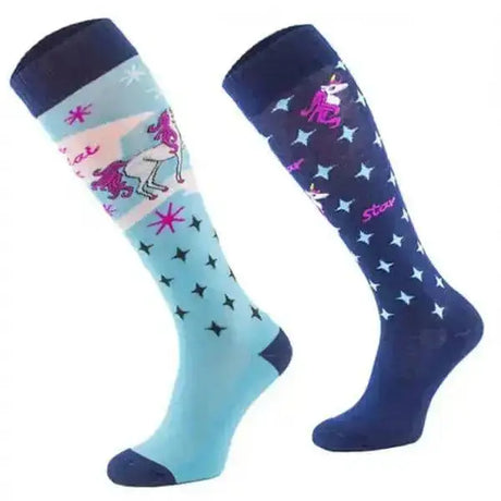 A pair of comodo blue unicorn knee-high odd socks with whimsical blue unicorn novelty designs for odd sock movement