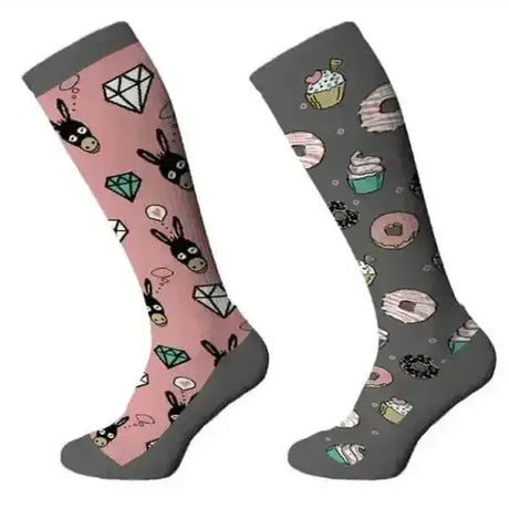 A pair of comodo donkey novelty fun junior socks featuring donkey and sweet treat designs on pink and gray backgrounds