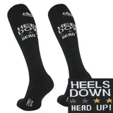 Black knee-high comodo equestrian riding socks with heels down head up print in white gold micro fibre novelty design