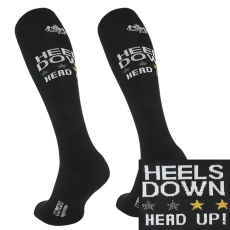 Black knee-high comodo equestrian riding socks with heels down head up print in white gold micro fibre novelty design