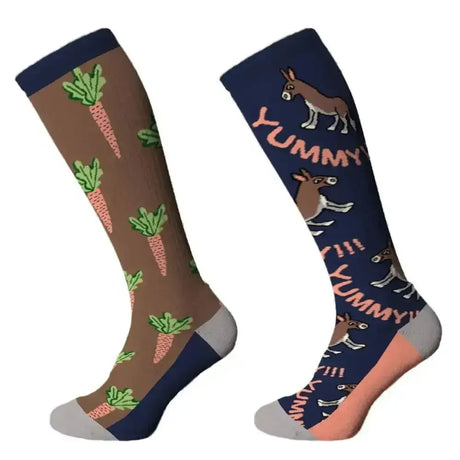 A pair of comodo novelty fun junior socks donkey carrots with brown carrot and navy donkey patterns in knee-high style