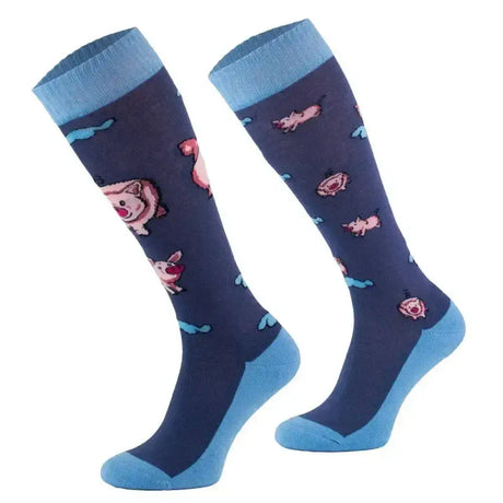 Navy blue knee-high odd socks piggy with light blue trim and playful pink pigs from comodo novelty fun collection