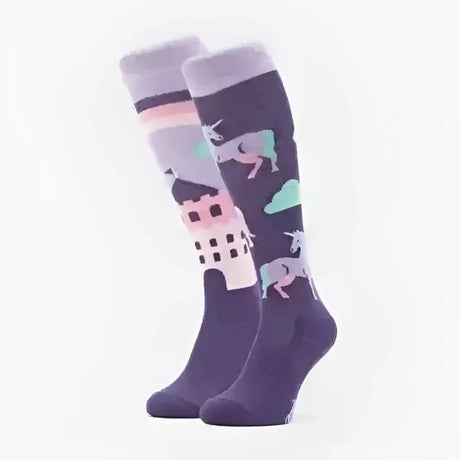 Comodo purple unicorn knee-high socks with pastel unicorn and castle designs perfect for odd sock movement fans