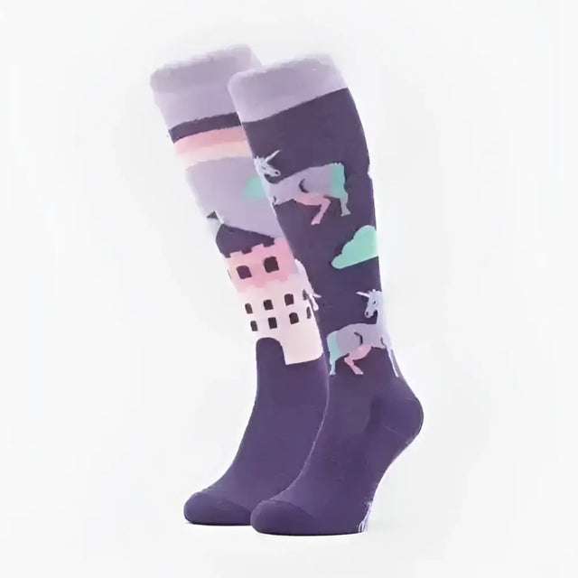 Comodo purple unicorn knee-high socks with pastel unicorn and castle designs perfect for odd sock movement fans