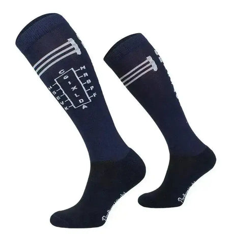 Dark blue comodo riding socks with white embroidered gear shift pattern perfect for riding socks dressage use