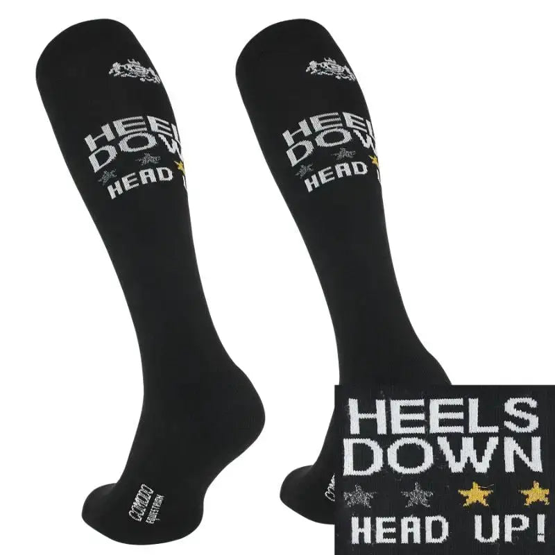 Black comodo riding socks with white and gold heels down head up text and crown emblem made from technical material