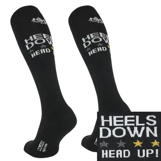 Black comodo riding socks with white and gold heels down head up text and crown emblem made from technical material
