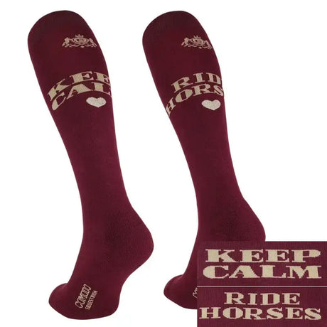 Maroon comodo riding socks with cream keep calm ride horses text and embroidered crest made with comodo technical fibers