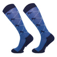 Comodo riding socks multi blue horse feature blue argyle with black horse silhouettes and navy blue cuffs made comodo technical