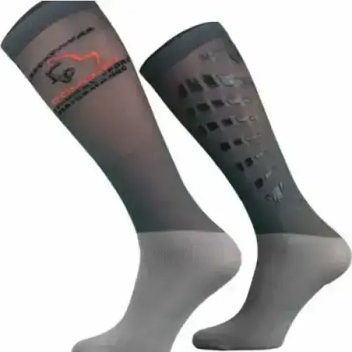 Dark gray comodo silicon grip riding socks with lighter gray foot, perforated design, orange logo, and reinforced silicone dots